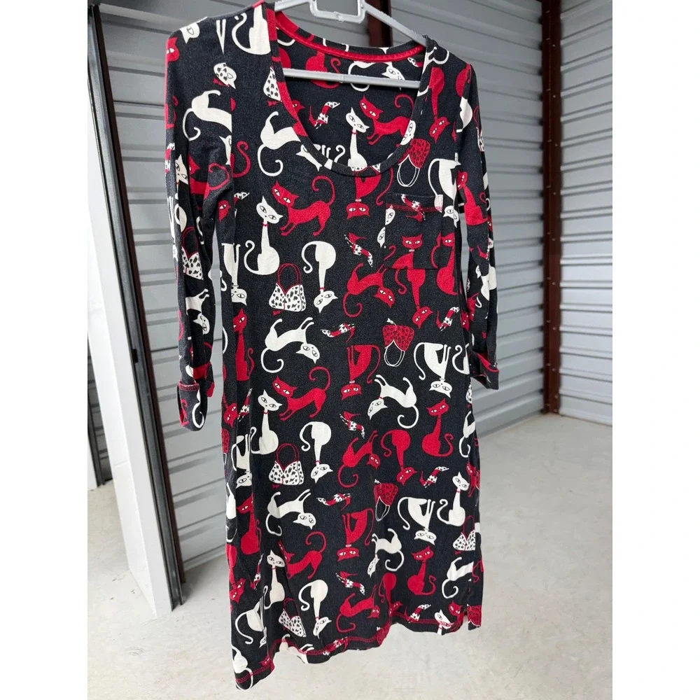 Hue Women Black Red White Cat Print Long Sleeve Sleep Dress Nightgown Pocket